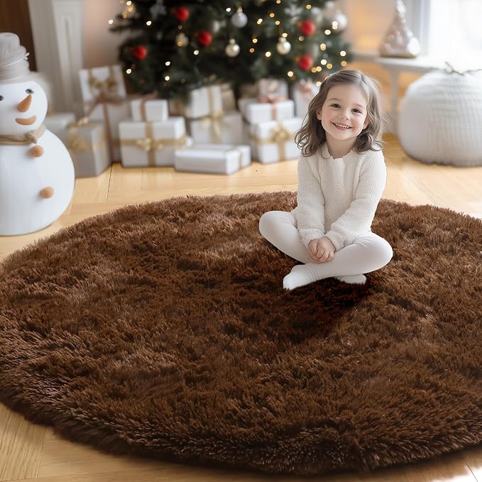 Amdrebio Chocolate Brown Shaggy Round Area Rug 5Ft - Image 5