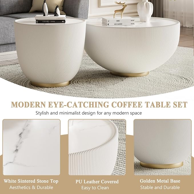 Round Marble Coffee Table Set of 2, 2 Piece White Coffee Table and End Table - Image 5