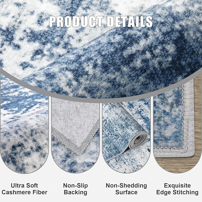 Round Area Rug Living Room: 4 ft Modern Washable Carpet Blue | - Image 5