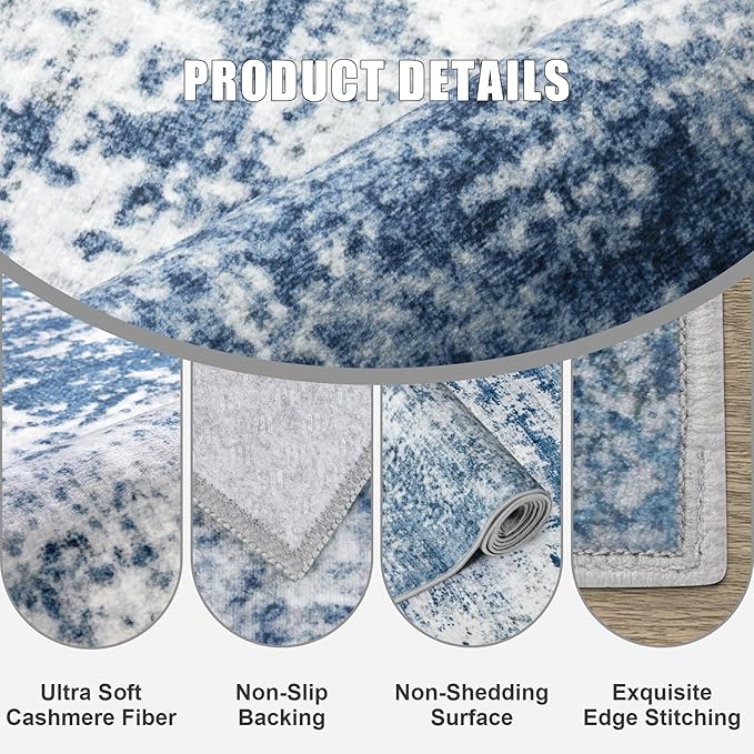 Area Rug Living Room: 6x6 Modern Washable Indoor Soft Carpet Blue | - Image 6