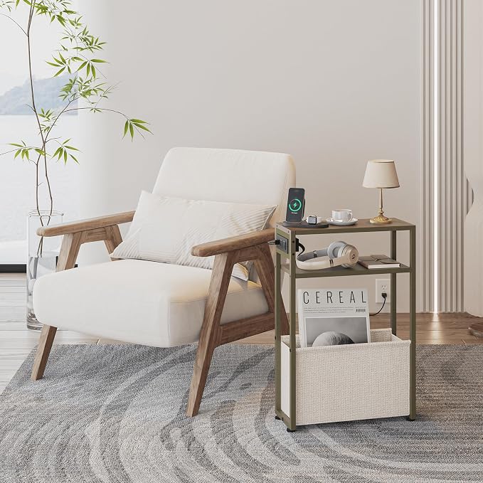 Leomonio Green Side Table with Charging Station, Slim End Tables with Linen - Image 3