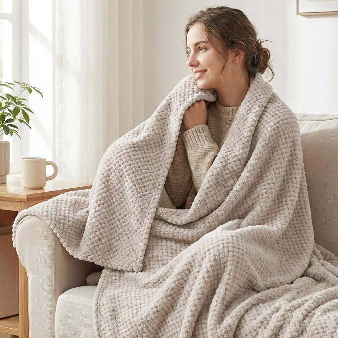 Exclusivo Mezcla Soft Waffle Fleece Bed Blanket Twin XL Size, Tan | Lightweight - Image 2