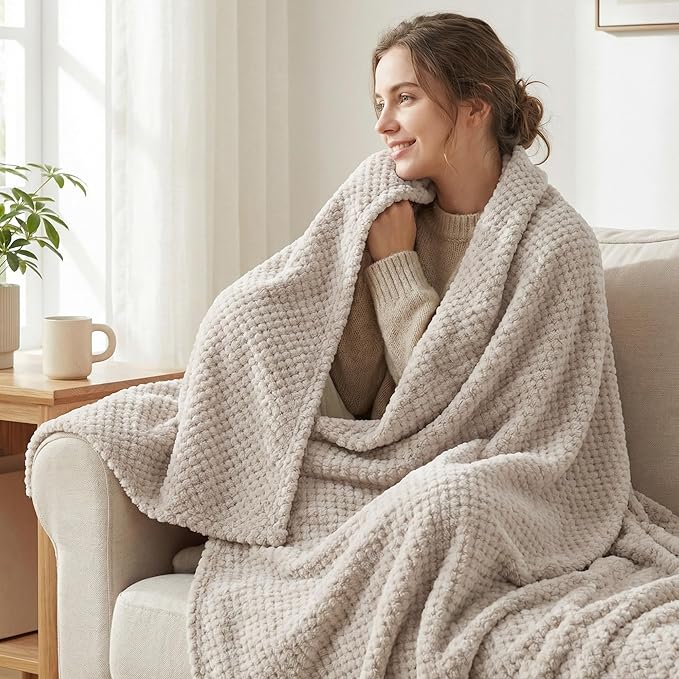Exclusivo Mezcla Soft Waffle Fleece Bed Blanket Queen Size, Tan | Lightweight - Image 2