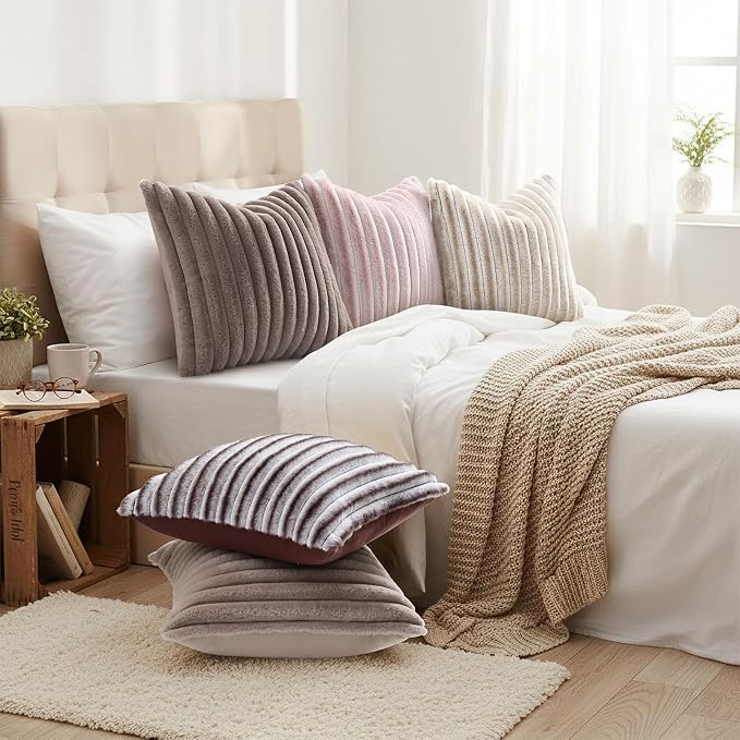 decorUhome Fall Faux Fur Throw Pillow Covers 12x20 Set of 2 Light Coffee | - Image 6
