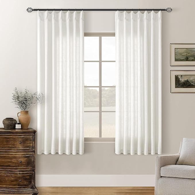 Beige White Pinch Pleated Linen Curtains 63 Inch Length 2 Panels | by Twodrapes