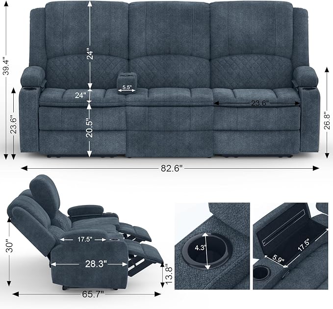 Yolsali Recliner Sofa, 3 Seater Manual Reclining Sofa - Image 2