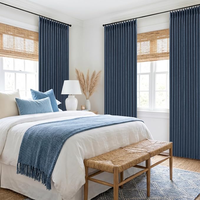Navy Blue Linen Blackout Pinch Pleated Double Layer Curtains 90 Inches Long | - Image 7