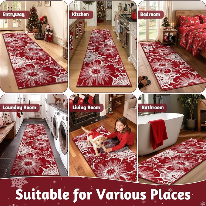 Findosom Christmas Runner Rug 2x6, Non Slip High-Low Textured Floral Washable - Image 9