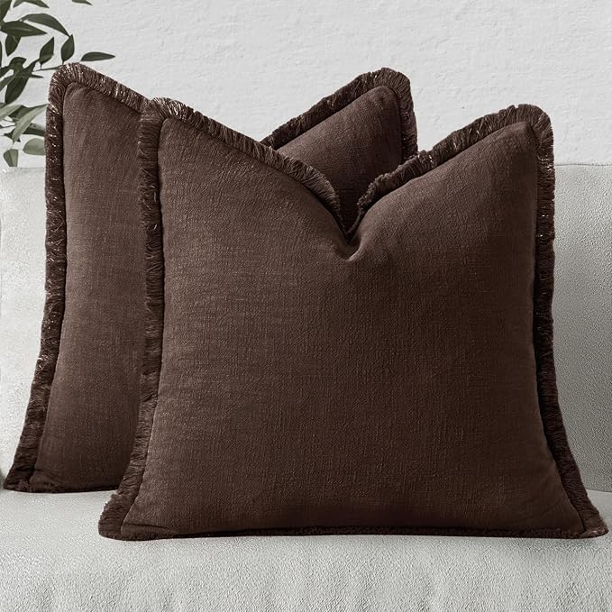 MIULEE Linen Fringe Decorative Fall Throw Pillow Covers Dark Brown 18x18 | Set by MIULEE