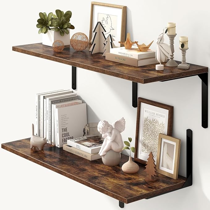 Fun Memories Rustic Brown 12 Inch Deep Floating Shelves Set of 2, Wall Mounted by FunMemories