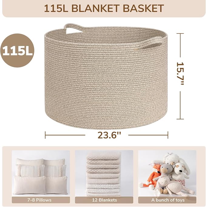 INDRESSME 115L Extra Large Woven Blanket Baskets - Image 2