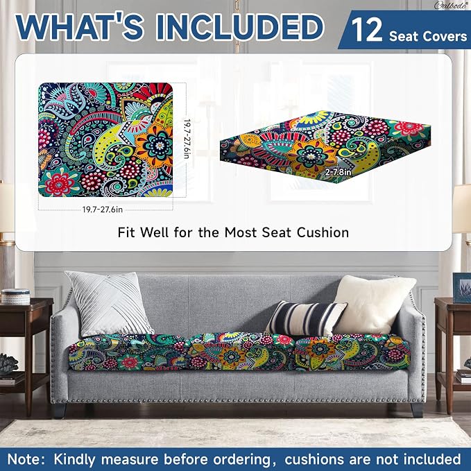 CALBODE 12Pcs Stretch Patio Cushion Cover, Boho Floral Couch & Sofa Slipcovers - Image 2