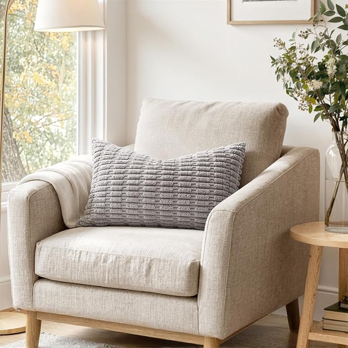 MIULEE Lumbar Corduroy Decorative Throw Pillow Covers 12x20 Light Grey | Pack - Image 2