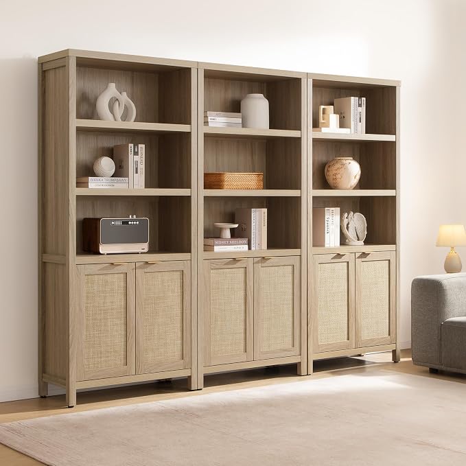 SICOTAS Bookcase 71" Tall Bookshelf 5 Tier Rattan Boho Bookcase - Image 8