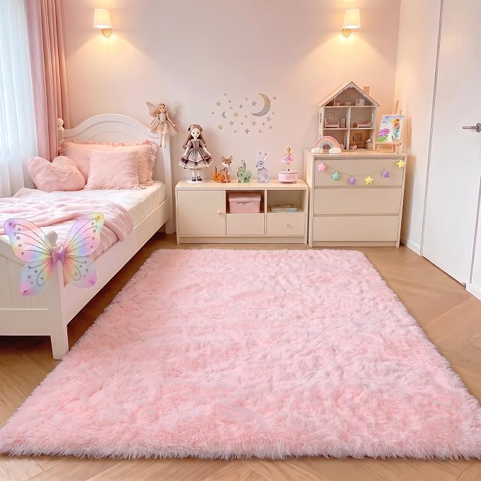 Pink Rugs for Bedroom Girls, Fluffy 4x6 Soft Plush Fuzzy Shaggy Kids Area Rug by ONASAR
