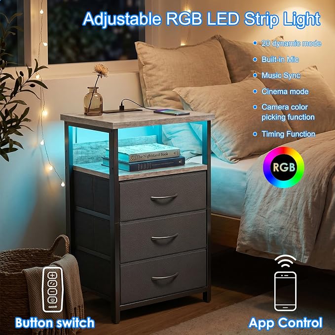 Fixwal Night Stand with Charging Station, LED Nightstand with Fabric Drawers - Image 4