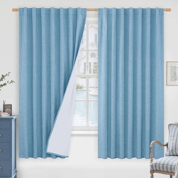 100% Blackout Linen Curtains 63 Inches Long, 60 x 63 Inch | Thermal Insulated by LAMIT