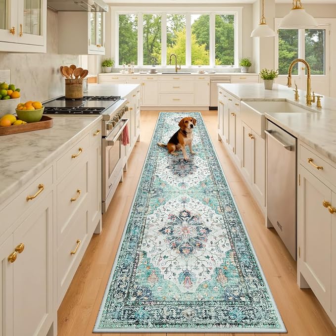 RELEANY Washable Area Rug, Runner 2'x10', Teal Green/White/Navy | Non-Slip by RELEANY