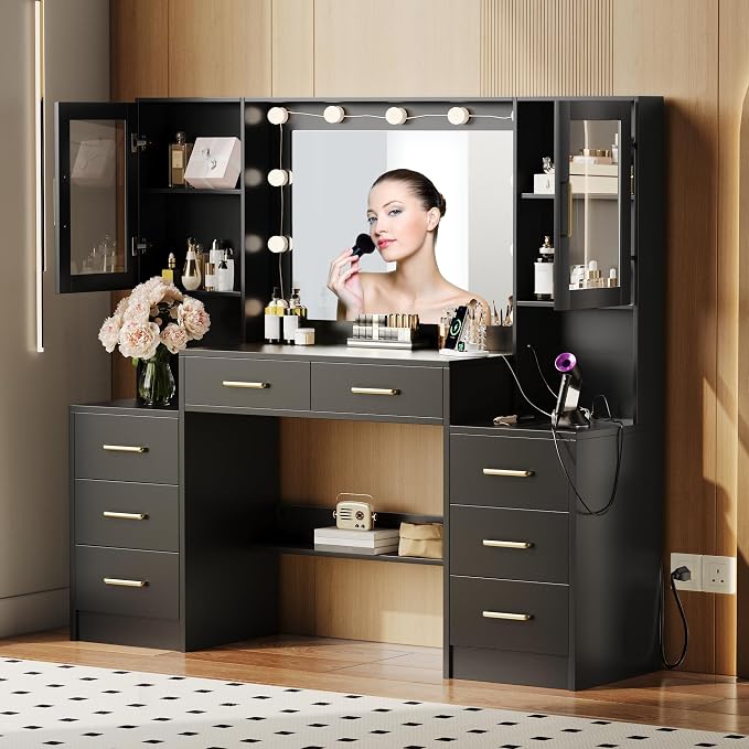 TOKSOM Black Vanity Desk with Mirror, Lights & Charging Station, 58.3" 3 - Image 6