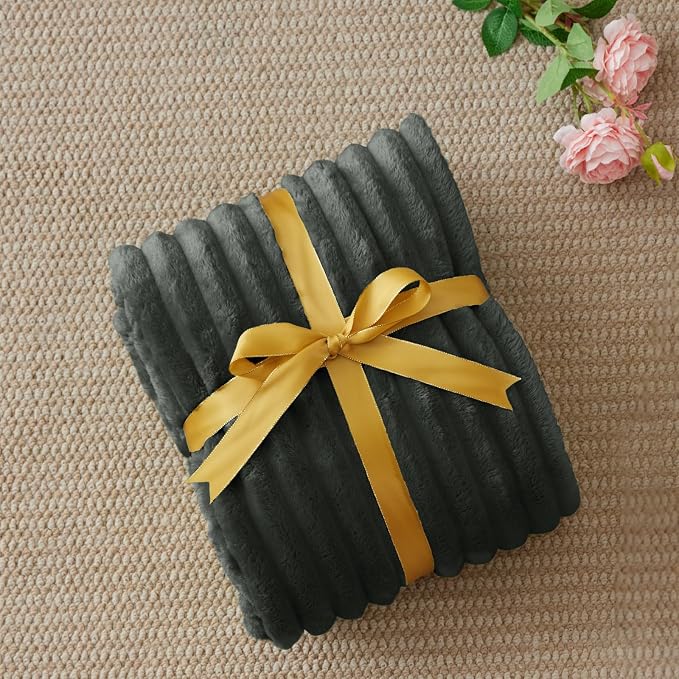 BEDELITE Striped Fleece Throw Blanket, Charcoal Grey, Soft Cozy, Lightweight - Image 2