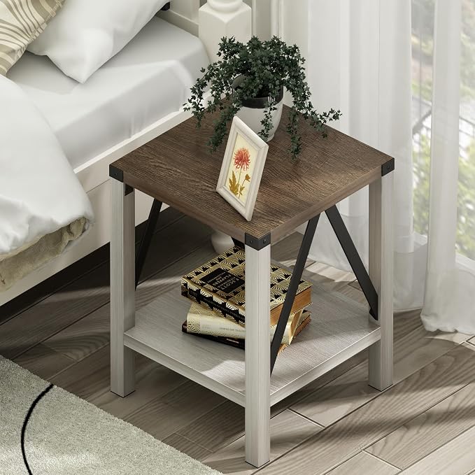Treocho Farmhouse End Table Set of 2, Rustic Vintage Nightstand Side Table - Image 2