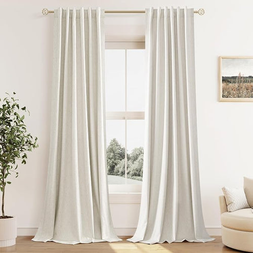 100% Blackout Linen Curtains for Bedroom 96 Inches Long 8 FT Natural Cream by Guken