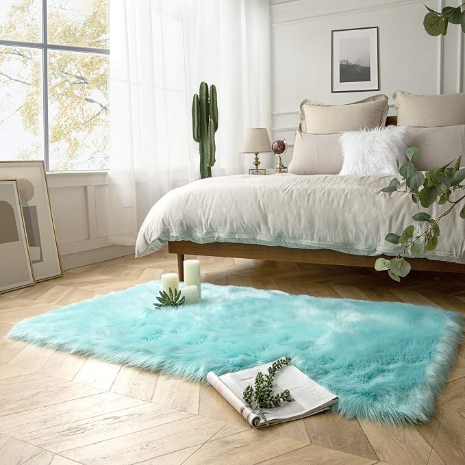 Ashler Faux Fur Area Rug, Fluffy Shaggy 3 x 5 Feet Rectangle Turquoise Fuzzy - Image 2