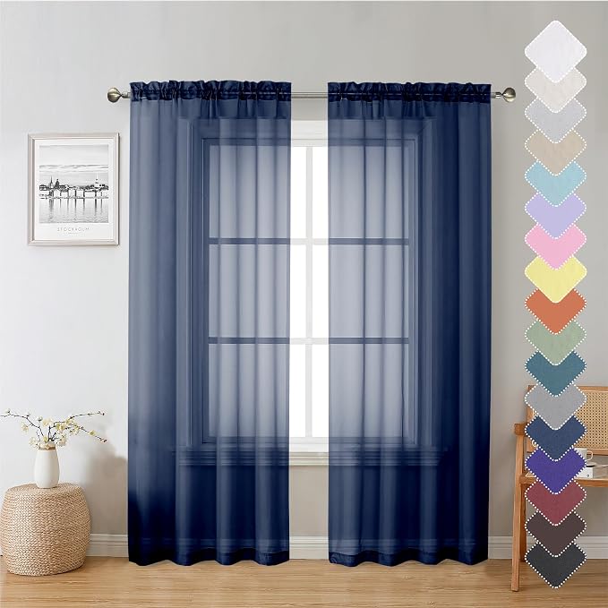Navy Blue Sheer Curtains 72 Inches Long 2 Panels, Light Filtering Window by Lecloud