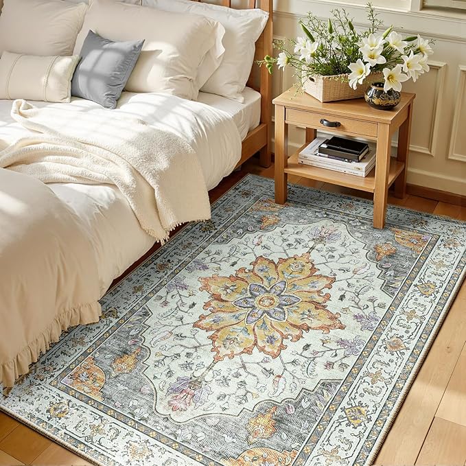 RELEANY Washable Area Rug, Water Repellent, Pet Friendly, Vintage Floral Boho by RELEANY