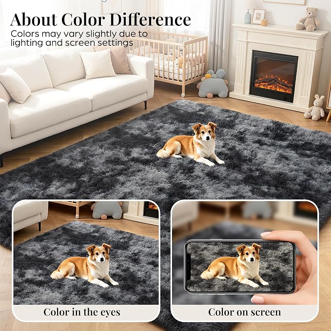 PLHXFR 5x7 Area Rugs Living Room: Fluffy Bedroom Soft Shag Rug Black Grey | - Image 7