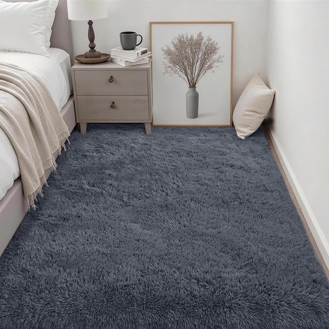 Area Rug Living Room Bedroom: 6x9 Fluffy Plush Shag Carpet Grey | - Image 3