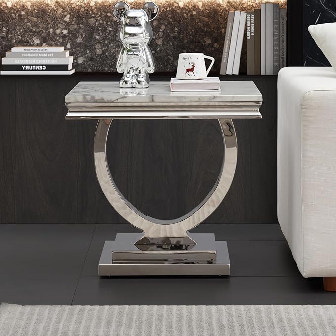 Henf Marble End Table Modern White Faux Marble Sofa Side Table - Image 3