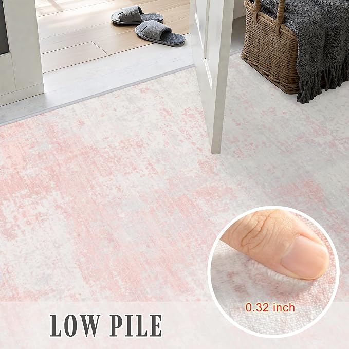 2x3 Washable Entryway Rug: Modern Abstract Soft Carpet Pink White | - Image 7