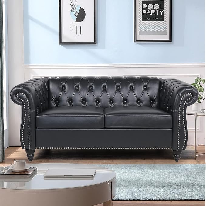 LEVNARY Leather Sofa, Chesterfield Tufted Upholstered 2 Seater Couch, Modern by LEVNARY