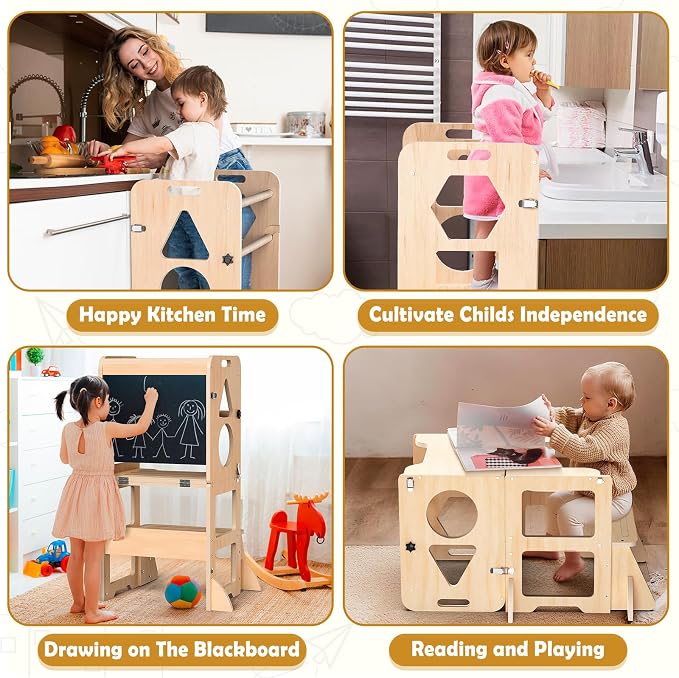 Woodure 4-in-1 Toddler Kitchen Step Stool, Foldable Learning Standing Tower - Image 4