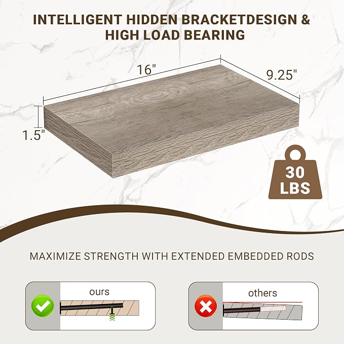 Acovy 16 Inch Floating Shelves, 3D Textured Wood Grain, Wooden Shelves - Image 3