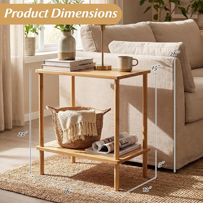 Giantex Bamboo Side Table Set of 2, 2-Tier Sofa End Bedside Table w/Storage - Image 3