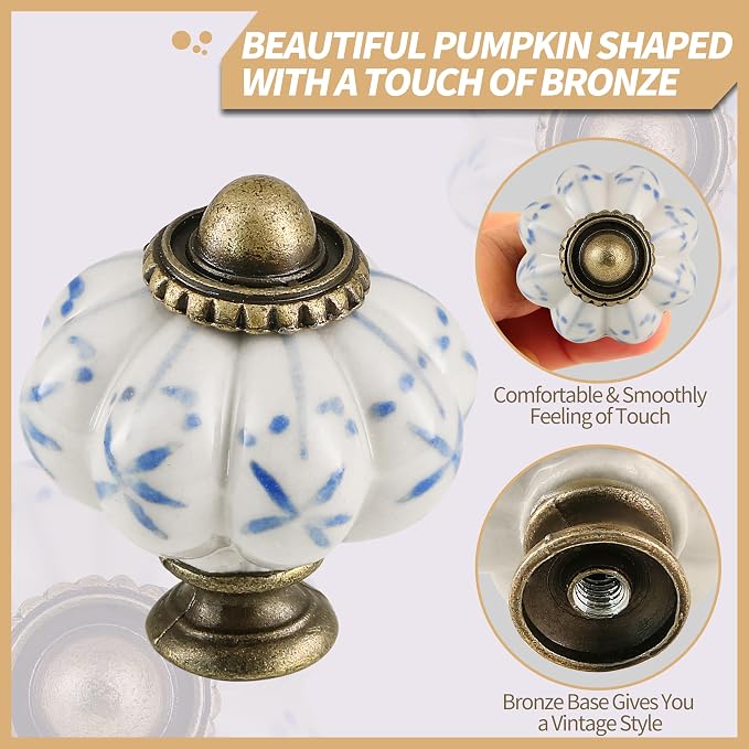 Ivory & Blue Pumpkin Knobs 2 Pack Ceramic Cabinet Knobs Vintage Drawer Pulls - Image 3