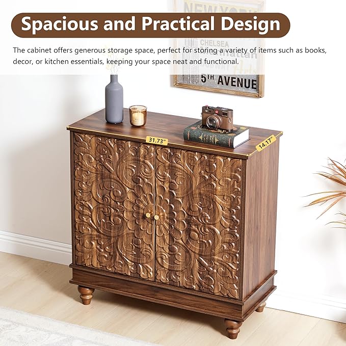 weselon Accent Cabinet with 2 Doors, Farmhouse Carved Buffet Sideboard with - Image 4