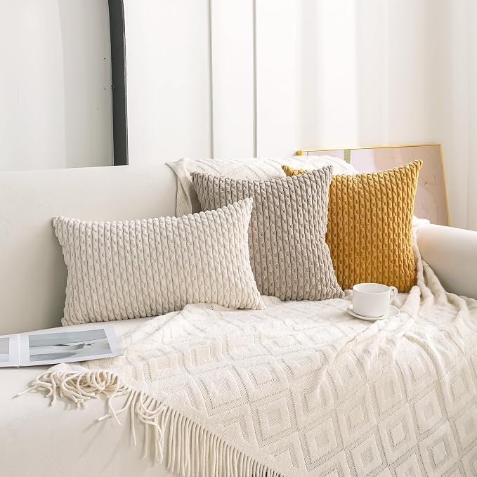 Set of 4 Neutral Decorative Throw Pillow Covers 12x20 Inch Corduroy Pillow - Image 3