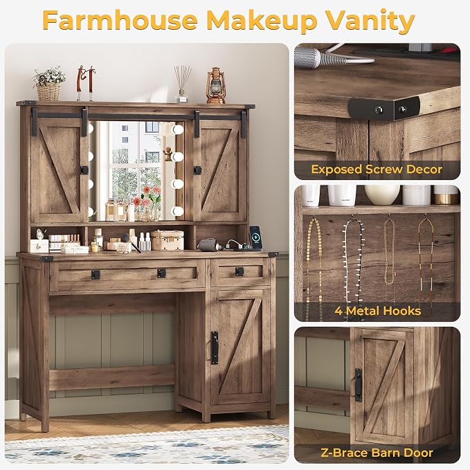 Farmhouse Vanity Desk with Mirror and Lights, Large Vanity Table with - Image 8
