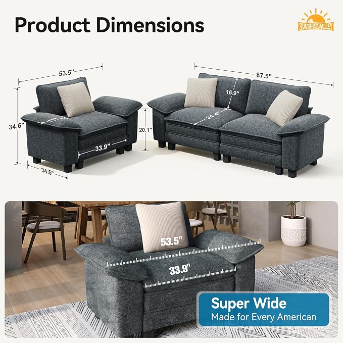 SUNSHINE VALLEY 87.5'' Oversized Loveseat Couch and Chair Set, 3-Seat Chenille - Image 2