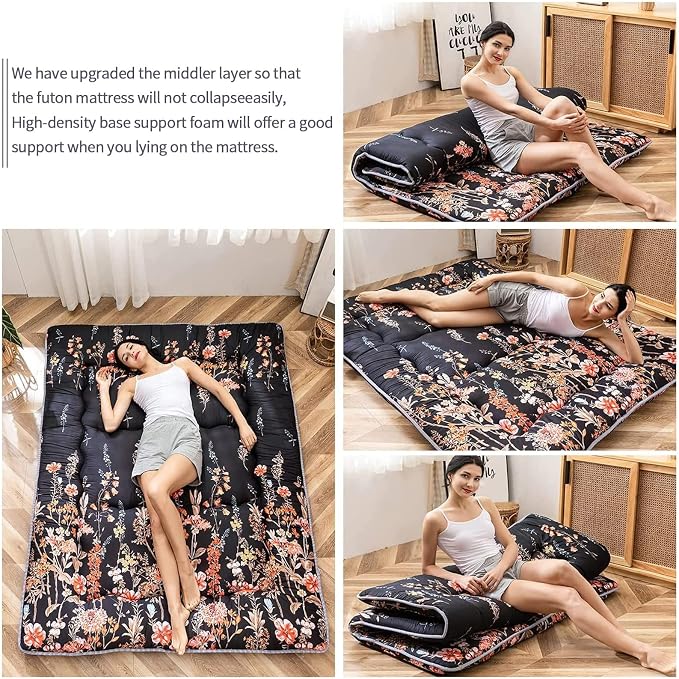 MAXYOYO Black Floral Japanese Futon Floor Mattress, Mattress Topper Portable - Image 6