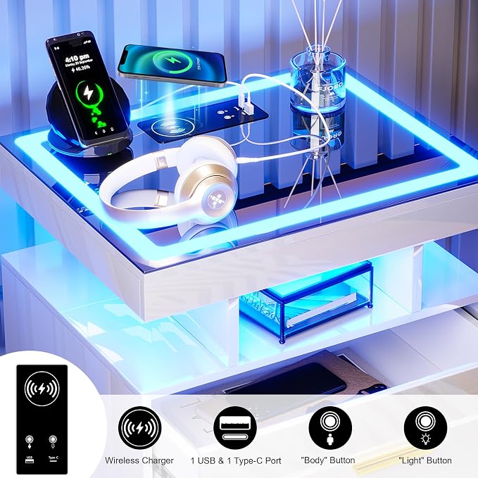 HNEBC Auto LED Nightstand Set of 2, High Gloss Bedside Table has 2 Drawers - Image 4