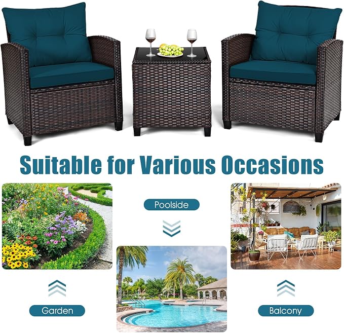 HAPPYGRILL 3 Pieces Patio Conversation Set, Outdoor Furniture Set PE Rattan - Image 8