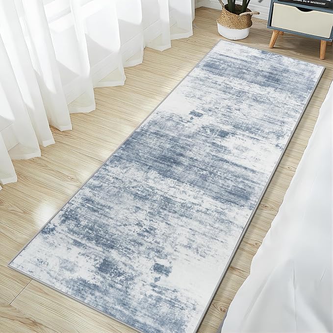 2'6''x8' Runner Rugs Washable Rug:Modern Abstract Hallway Blue White Carpet | - Image 2