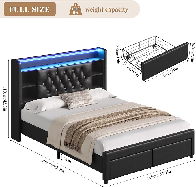 Full Bed Frame with Drawers, Hidden-Cubby & Shelves Storage Headboard with - Image 2
