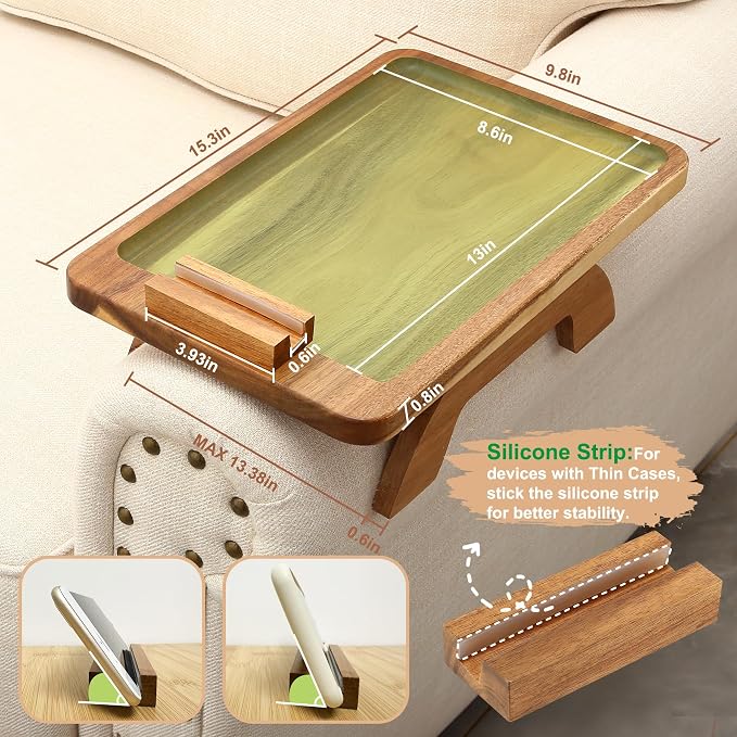 SINWANT Couch Arm Table, Acacia Wood Sofa Arm Rest Tables Couch Armrest Table - Image 6
