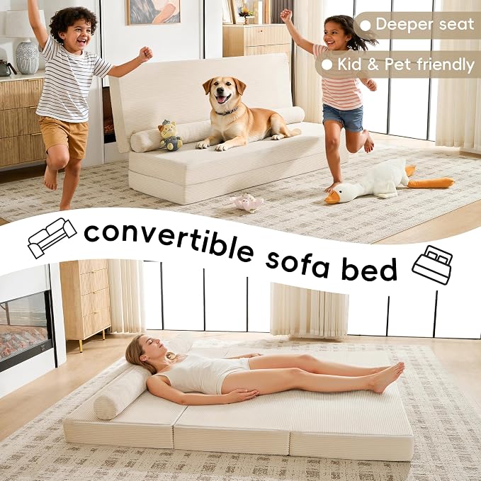 5-in-1 Convertible Sofa Bed, Corduroy Futon Couch Sleeper - Image 4