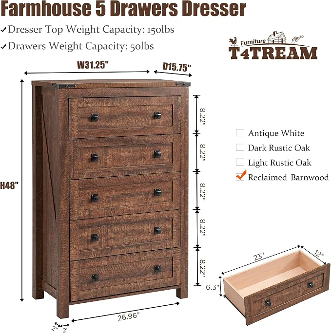 T4TREAM Farmhouse 5 Drawers Dresser Chests - Image 2